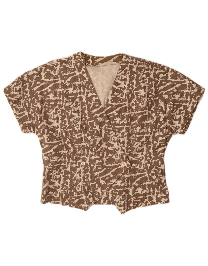 Vintage kvinders abstrakt mønster kortærmet skjortebluse UK 16 Large Brown