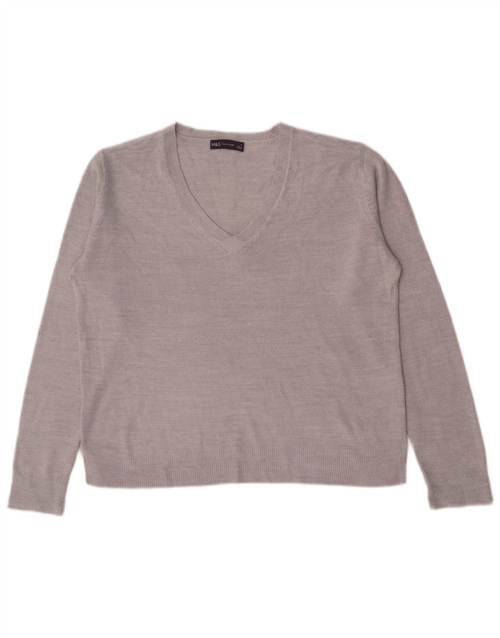 Marks & Spencer Dame V-hals sweater UK 14 Stor Grå Akryl