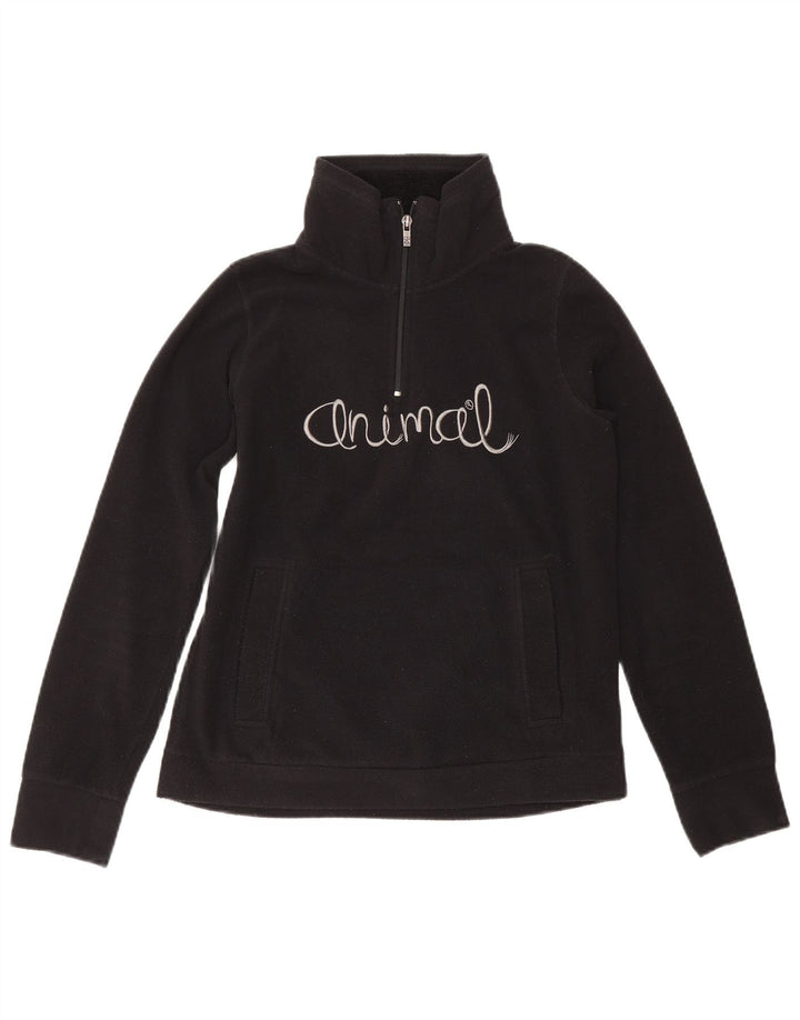 ANIMAL Womens Graphic Zip Neck Fleece Jumper UK 10 Small Black Polyester
