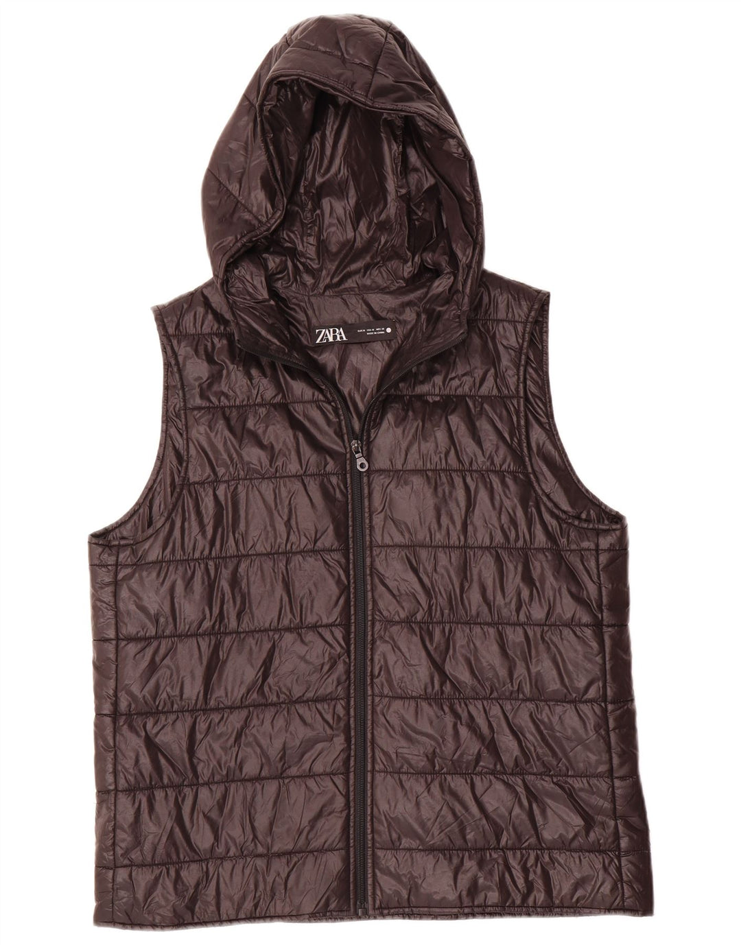 Zara Dame Hætte Polstret Gilet UK 14 Medium Sort Polyester
