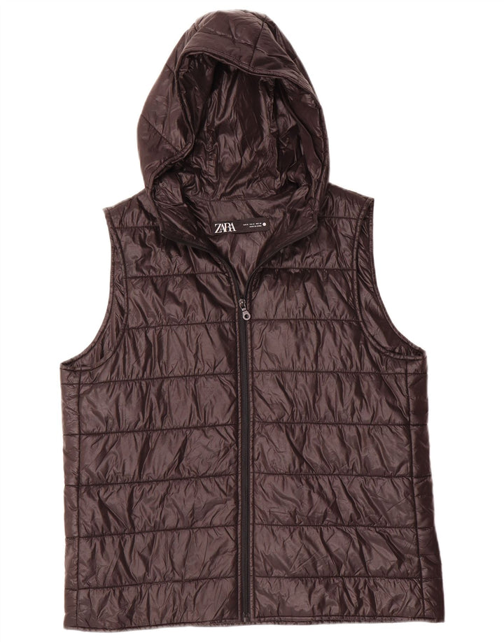 Zara Dame Hætte Polstret Gilet UK 14 Medium Sort Polyester