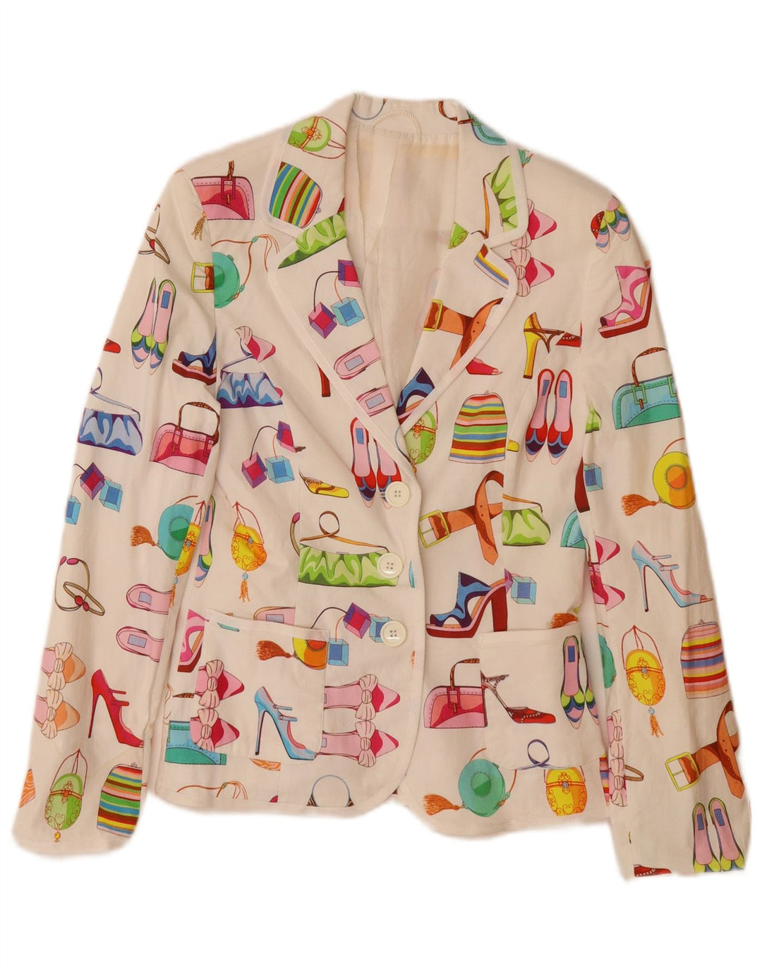 Vintage kvinders abstrakt mønster blazerjakke UK 12 Medium hvid bomuld