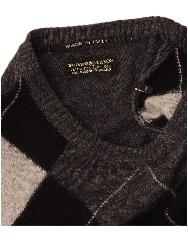 WILLIAMS WILSON Mens Crew Neck Jumper Sweater Large Grey Argyle/Diamond