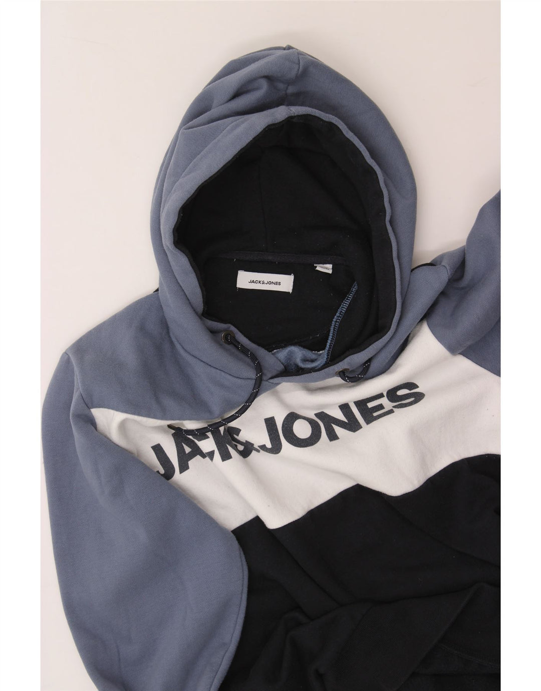 JACK & JONES Mens Graphic Hoodie Jumper Medium Navy Blue Colourblock Vintage Jack & Jones and Second-Hand Jack & Jones from Messina Hembry 