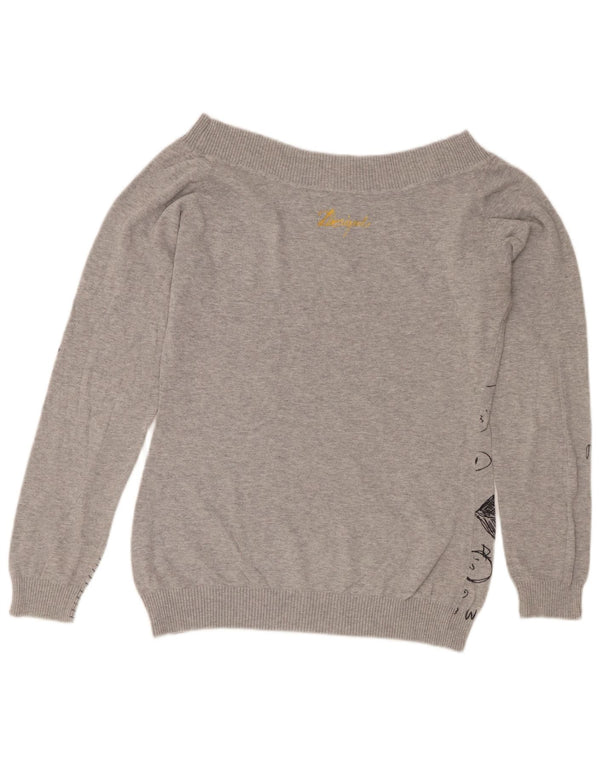 Desigual Dame Grafisk Boat Neck Jumper Sweater UK 20 2XL Grå Bomuld