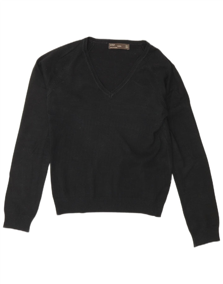 Zara Dame V-hals sweater UK 12 Medium Sort Bomuld