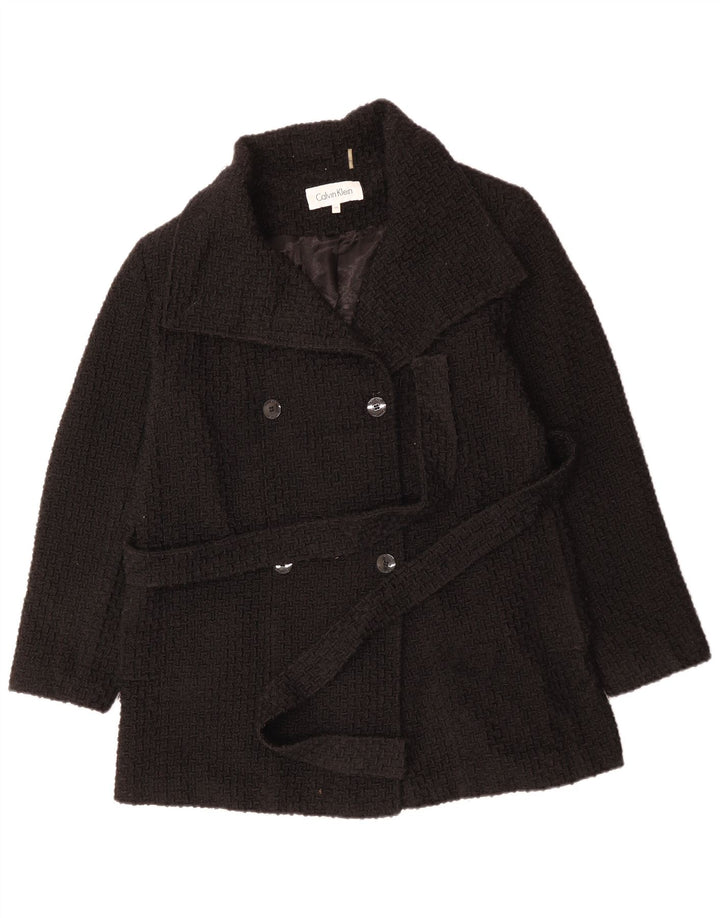 CALVIN KLEIN Dame Dobbeltradet Frakke UK 18 XL Sort Uld