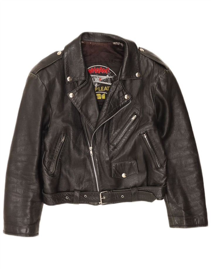 Vintage Dame Crop Læder Biker Jacket IT 46 Stort sort læder