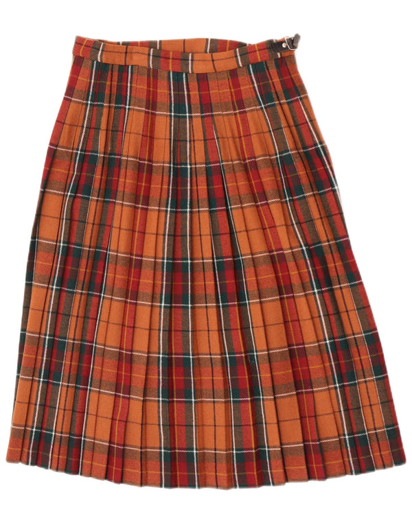 Vintage Womens Pleated Wrap Skirt UK 18 XL W28 Orange Plaid Virgin Wool