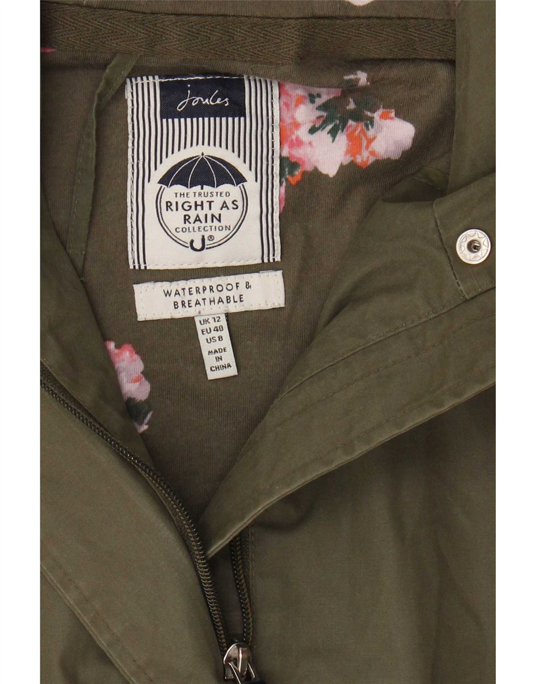 Joules Regnfrakke med hætte til kvinder UK 12 Medium Khaki