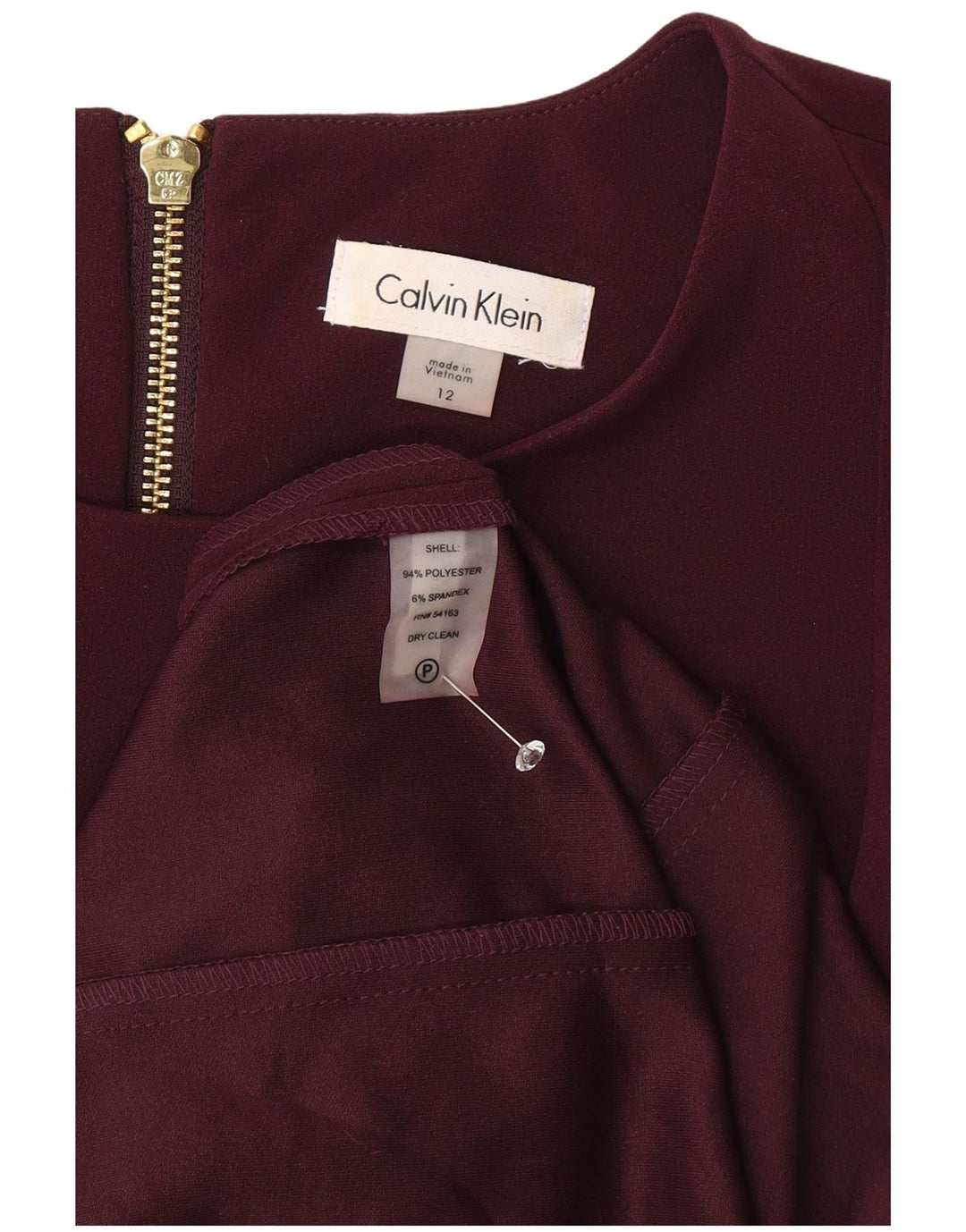 Calvin Klein Dame Ærmeløs Skede Kjole US 12 Large Burgundy Polyester