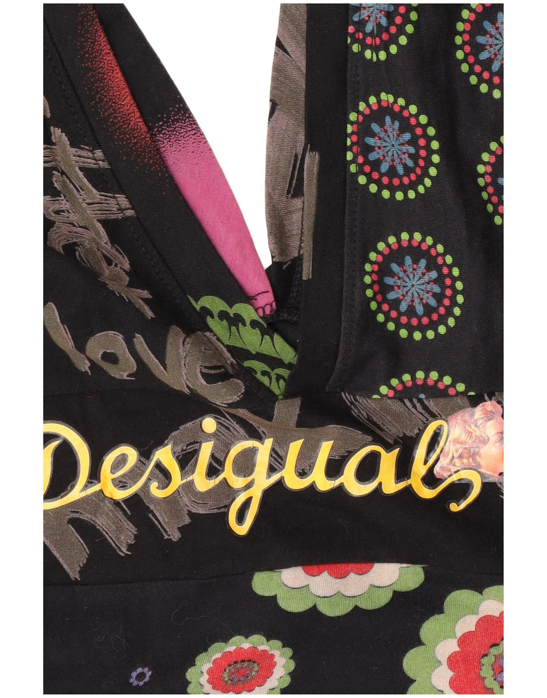 Desigual Dame Grafisk Bluse Top UK 10 Small Black Patchwork Bomuld