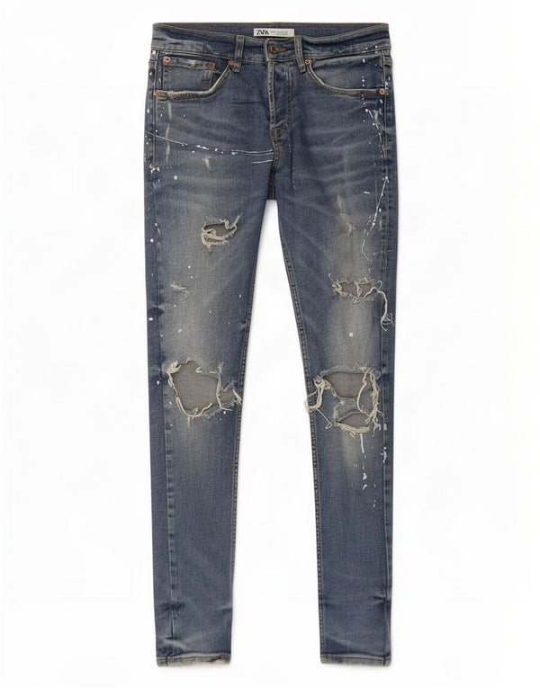 Zara Herre Distressed Slim Jeans EU 38 Small W28 L30 Blue Cotton
