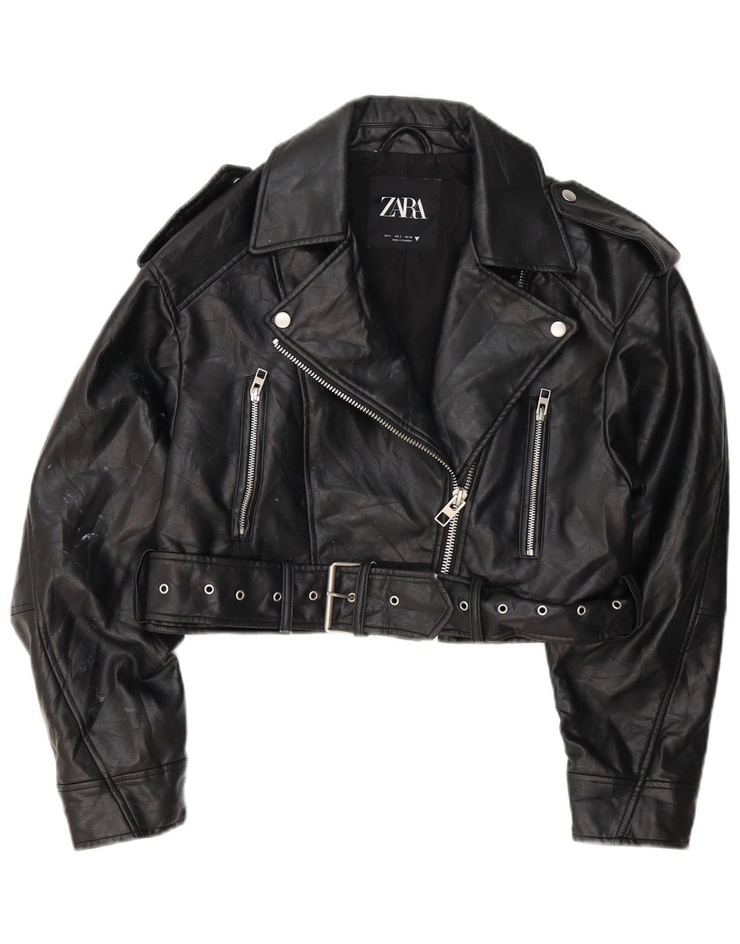 Zara Womens Crop Oversized imiteret læder Biker Jacket UK 10 Small Black