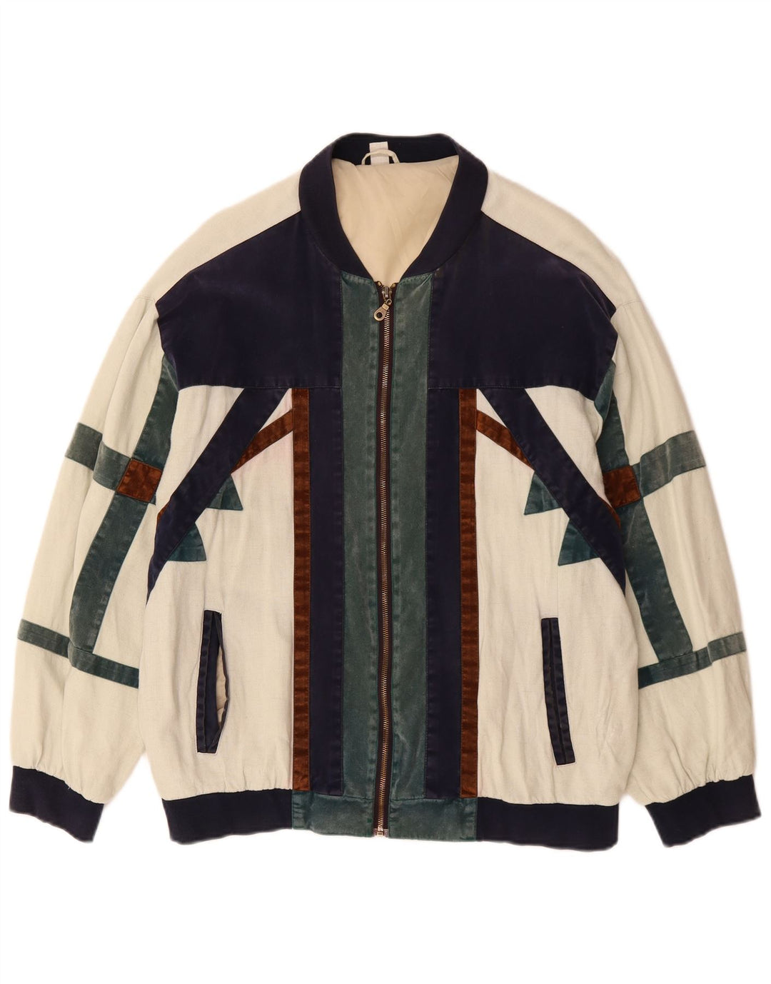 VINTAGE Loose Fit Bomber Jacket UK 36 Small Off White Colourblock