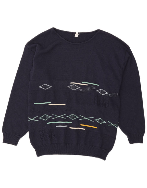 Vintage Herre Boat Neck Jumper Sweater Medium Marineblå Geometrisk Bomuld