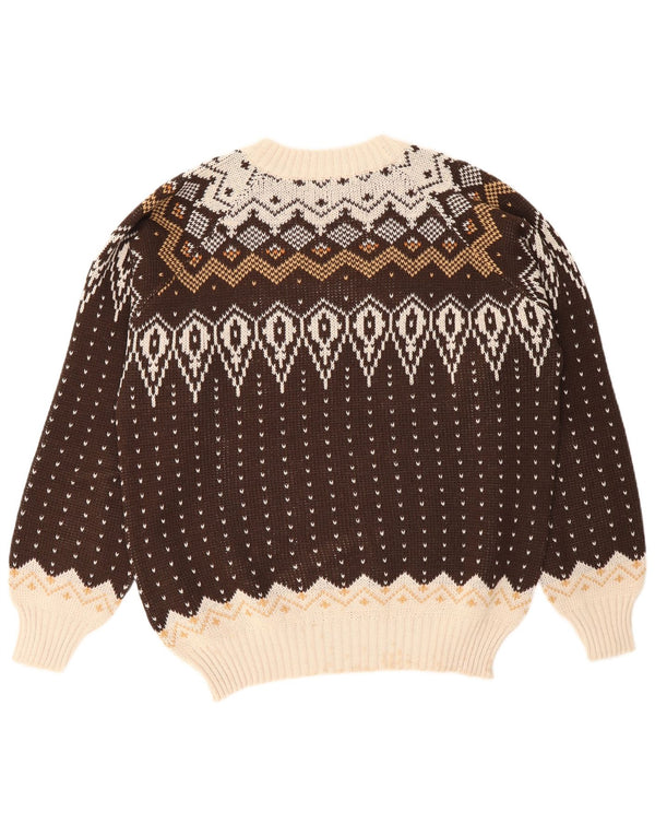 Vintage herre sweater med rund hals, stor brun Fair Isle