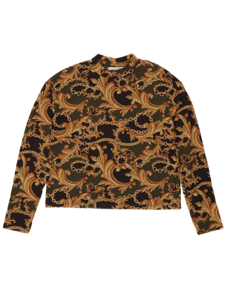 Zara Womens Crop Top Langærmet UK 10 Small Black Paisley Polyester