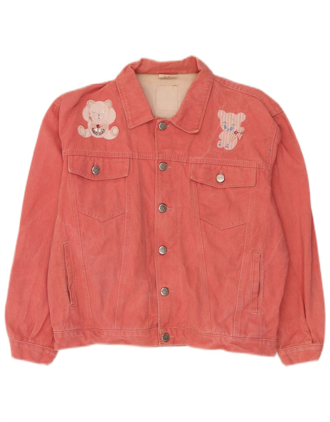 Vintage Dame Bamse Grafisk denimjakke IT 42 Medium Pink Bomuld