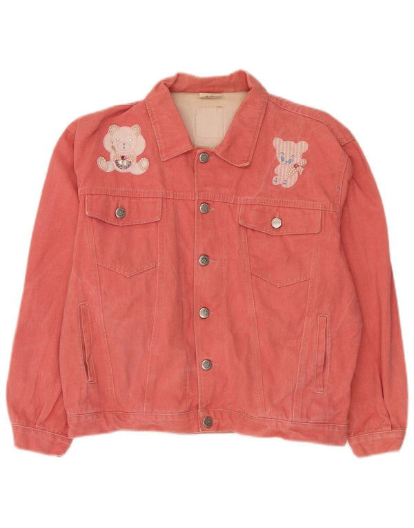 Vintage Dame Bamse Grafisk denimjakke IT 42 Medium Pink Bomuld