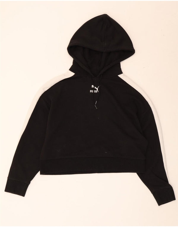 Puma Dame Crop Hoodie Jumper UK 14 Medium Sort Colourblock Bomuld