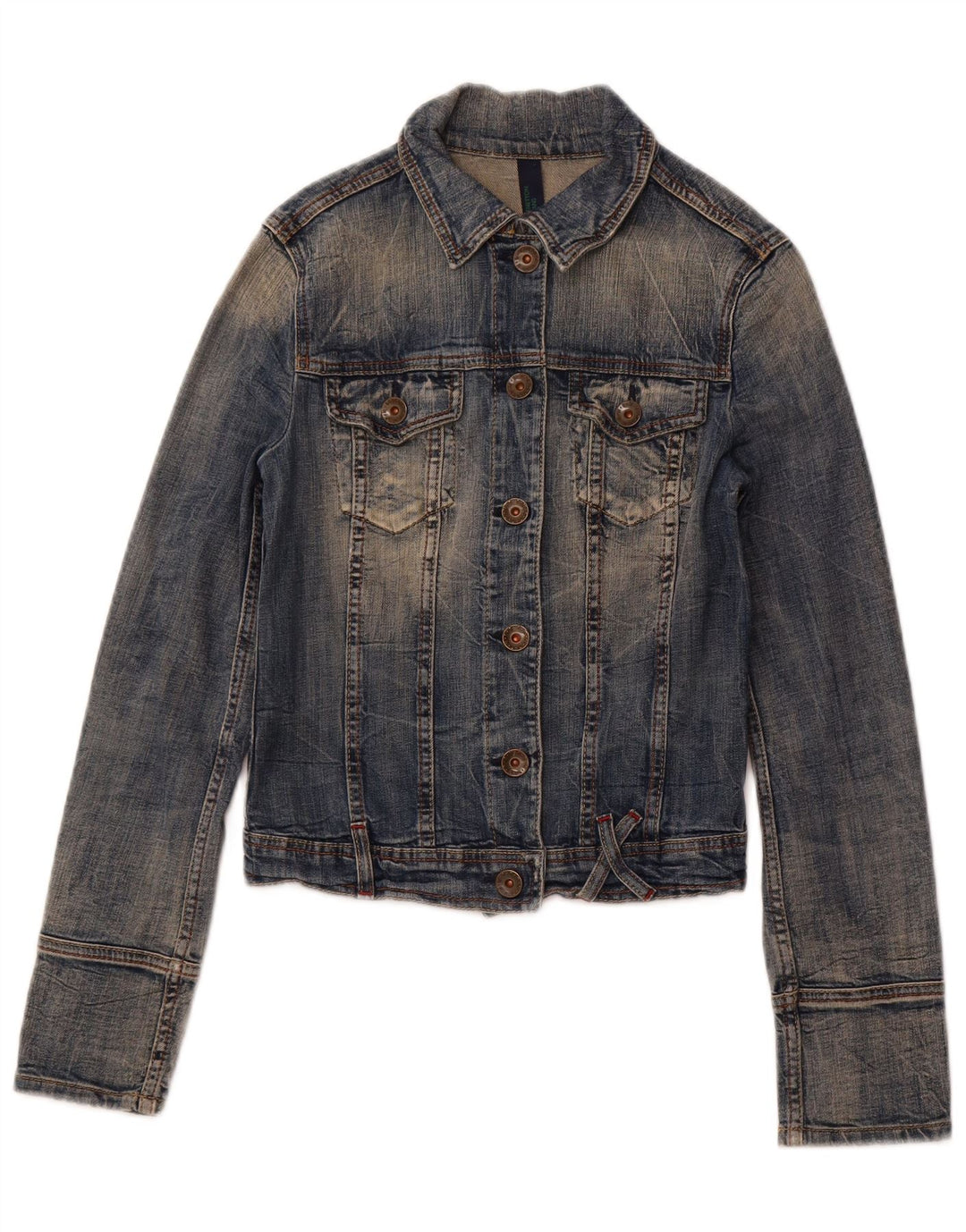 BENETTON Dame Crop denimjakke UK 10 Lille blå bomuld