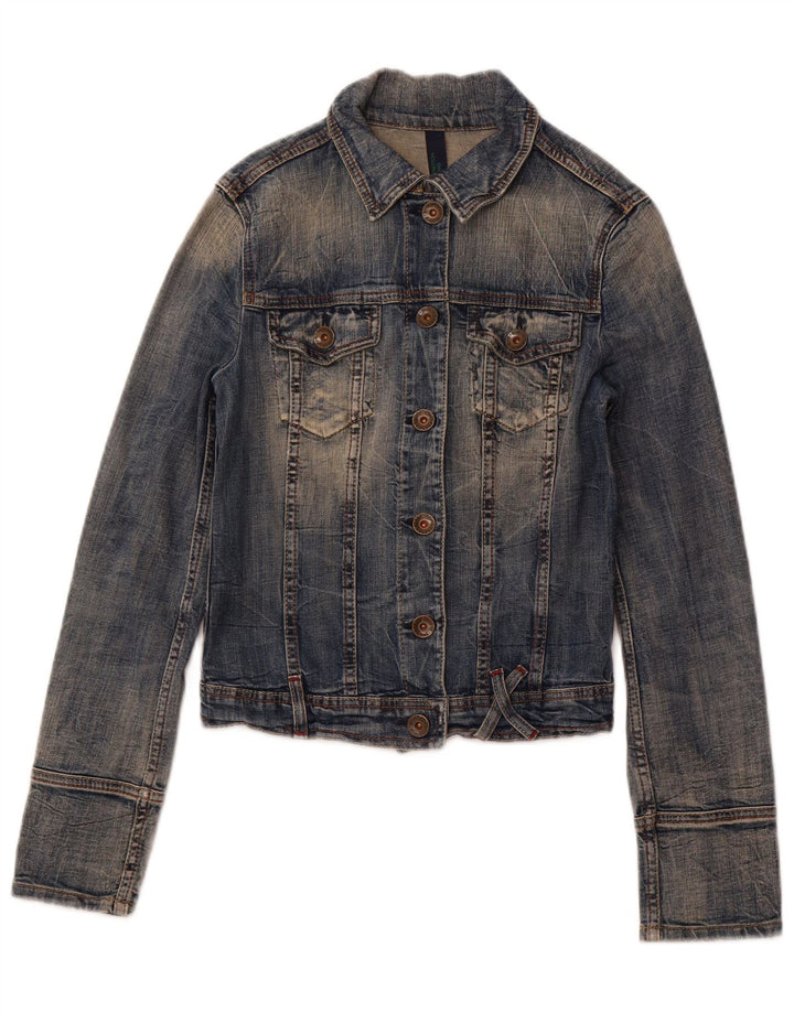 BENETTON Dame Crop denimjakke UK 10 Lille blå bomuld