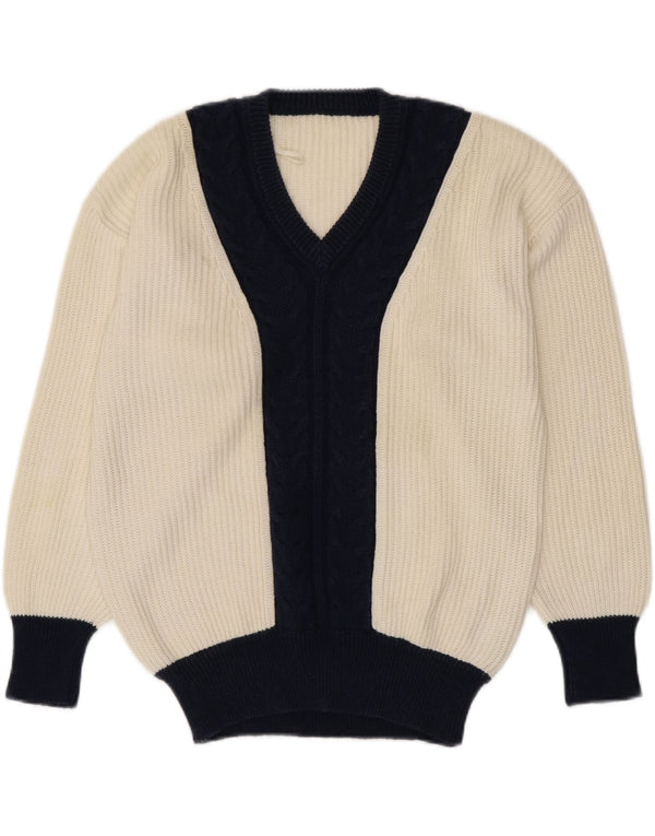 VINTAGE Dame V-hals sweater UK 16 Large White Colourblock