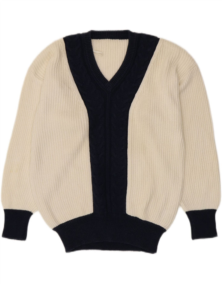VINTAGE Dame V-hals sweater UK 16 Large White Colourblock