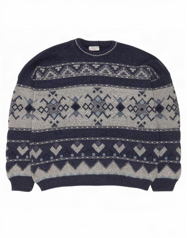 Vintage mænd med rund hals sweater UK 42/44 Large Navy Blue Fair Isle