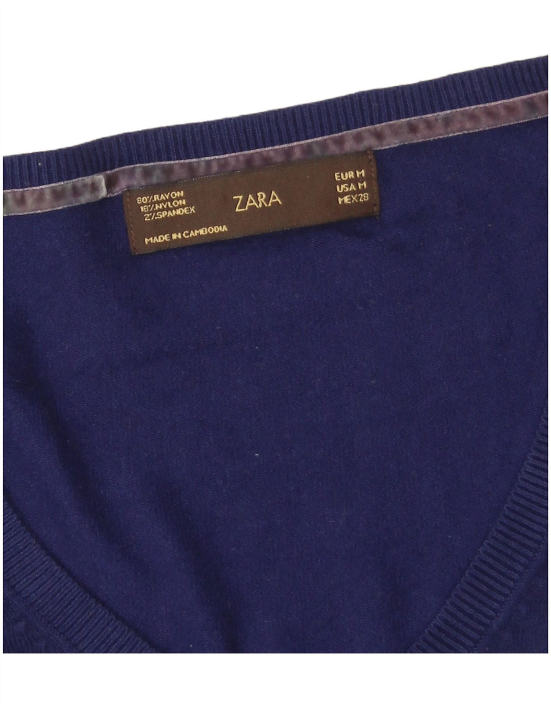 Zara Dame V-hals sweater UK 12 Medium Navy Blue Rayon