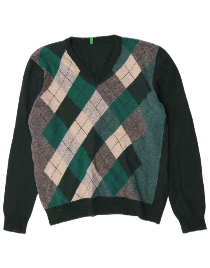 Benetton Dame V-hals sweater UK 12 Medium Green Argyle/Diamond