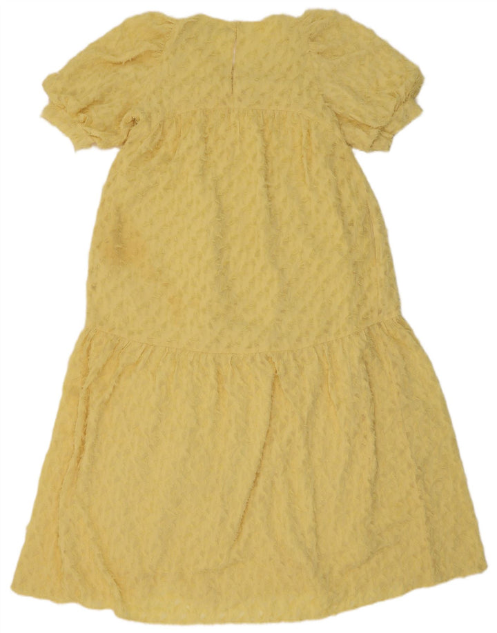 Zara Kvinders Abstrakt Mønster Tiered Dress UK 12 Medium Gul Polyester