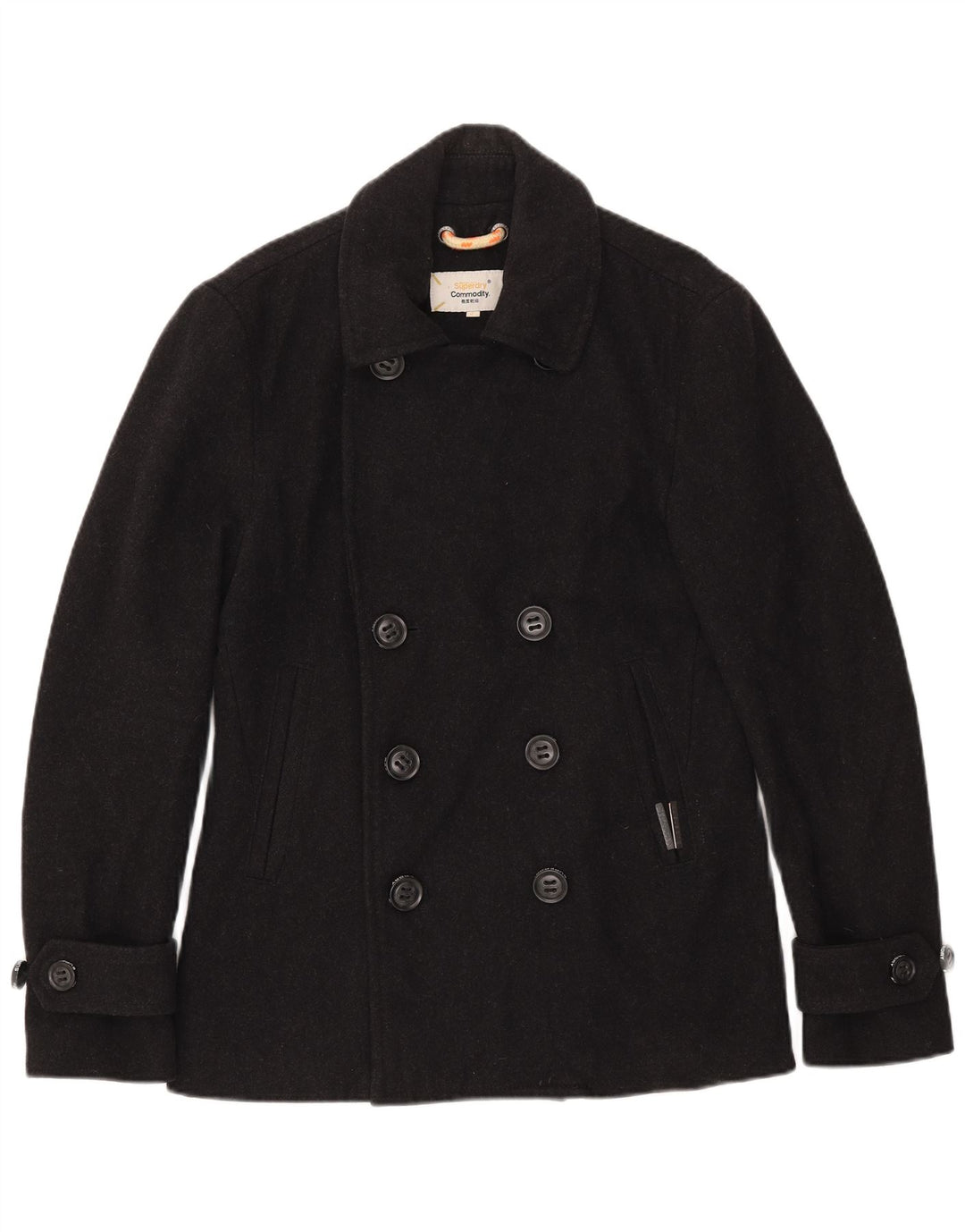 Superdry Men Pea Coat UK 38 Medium Black Wool