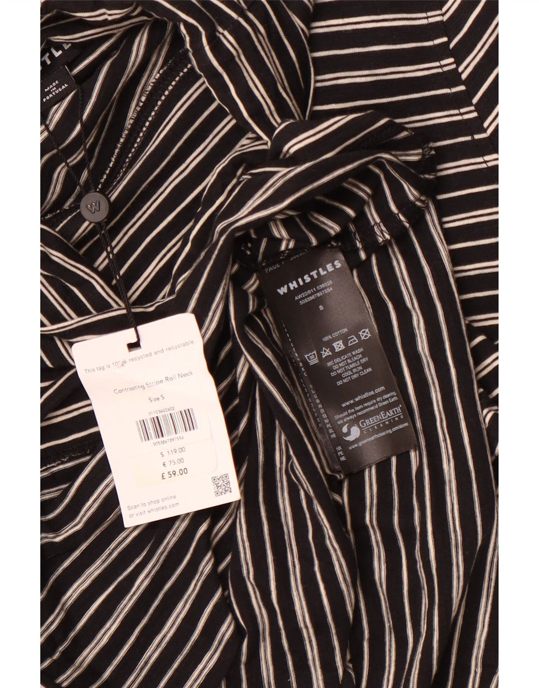 WHISTLES Dame Roll Neck Top Langærmet UK 10 Lille sort stribet bomuld