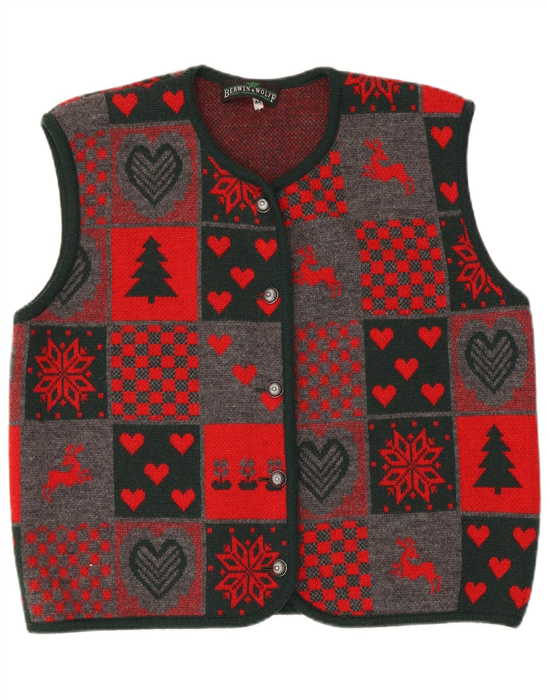 Berwin & Wolff Damestrik vest EU 44 XL Rød Patchwork Ny uld