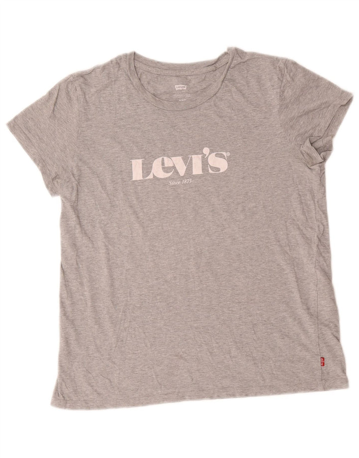 Levi's Grafisk T-shirt top til kvinder UK 14 Mellemgrå flækket bomuld