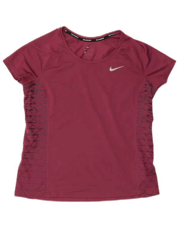 NIKE Dame Dri Fit T-Shirt Top UK 14 Stor Bourgogne geometrisk polyester