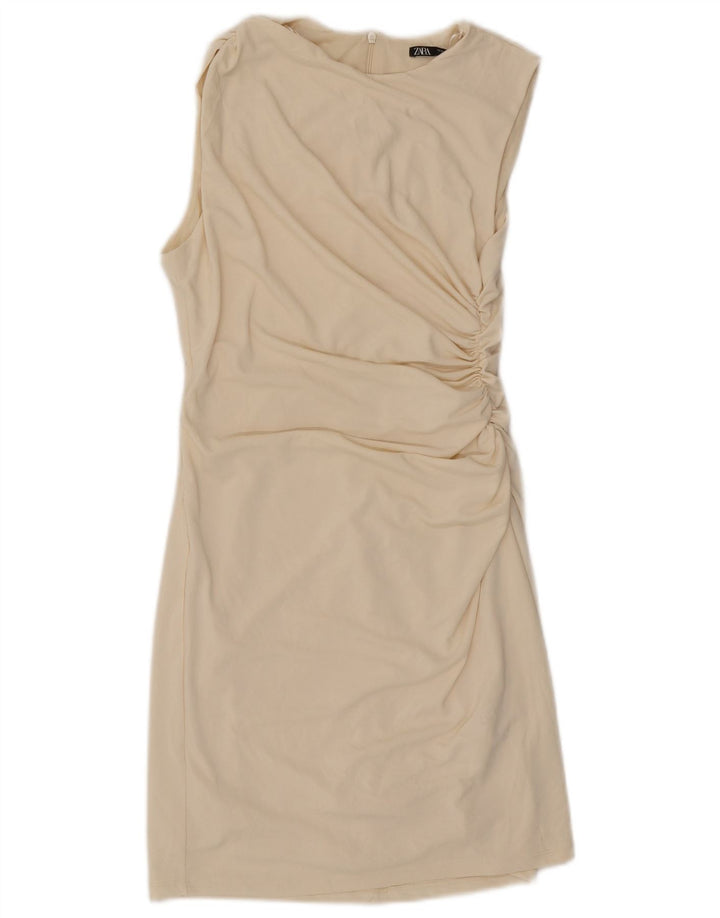 Zara Kvinders Ærmeløs Skede Kjole UK 12 Medium Off White Polyester