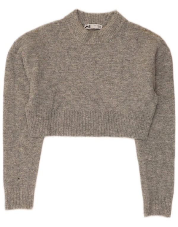 Zara Womens Crop Crew Neck Jumper Sweater UK 6 XS Grå Akryl