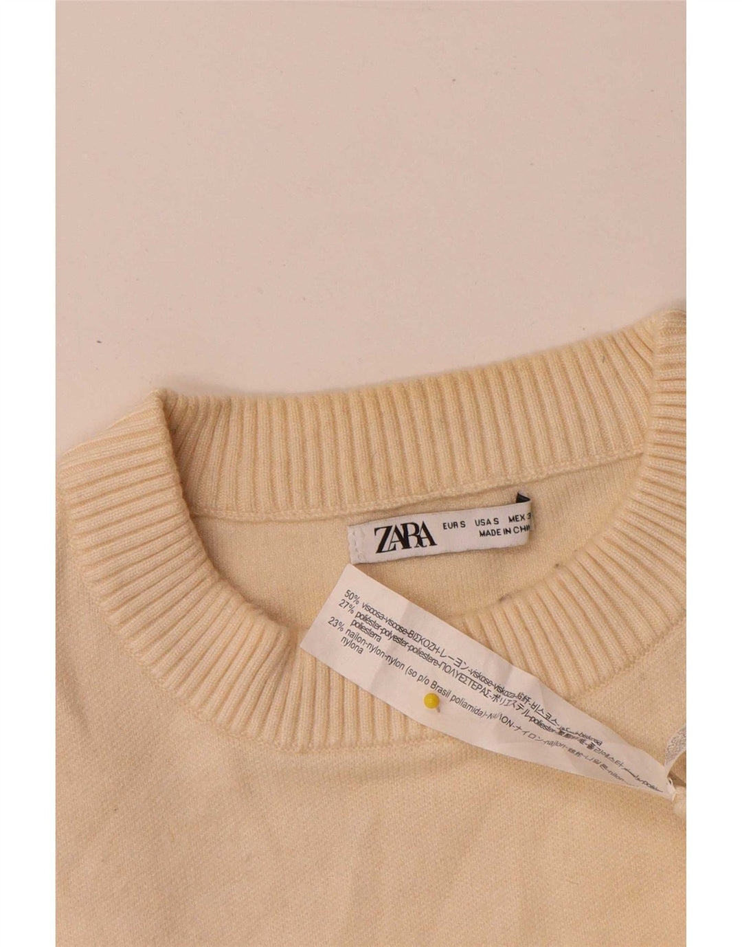 Zara Herre Crew Neck Jumper Sweater Small Beige Viscose