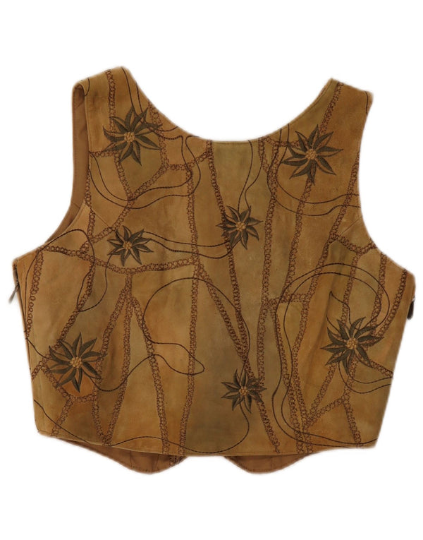 VINTAGE Dame ruskindsvest EU 38 Medium Brown Floral Læder