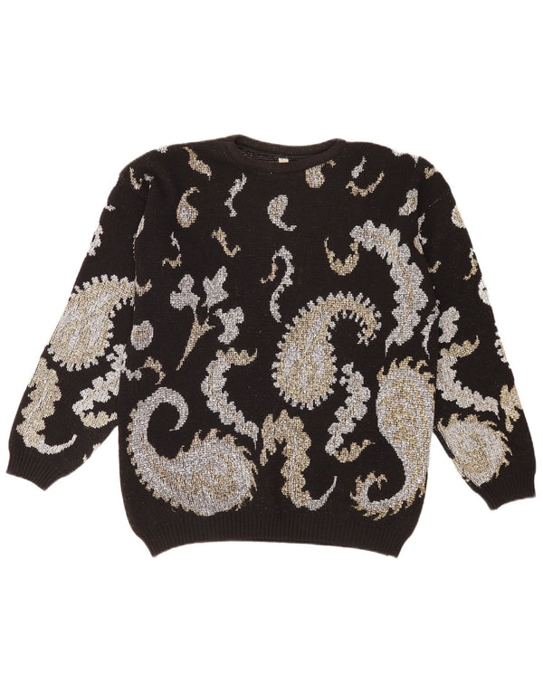 Vintage Dame Boat Neck Jumper Sweater UK 14 Large Black Paisley Retro
