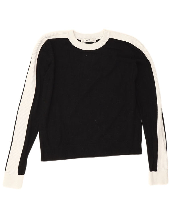 Zara Womens Crop Crew Neck Jumper Sweater UK 14 Medium Black Colourblock
