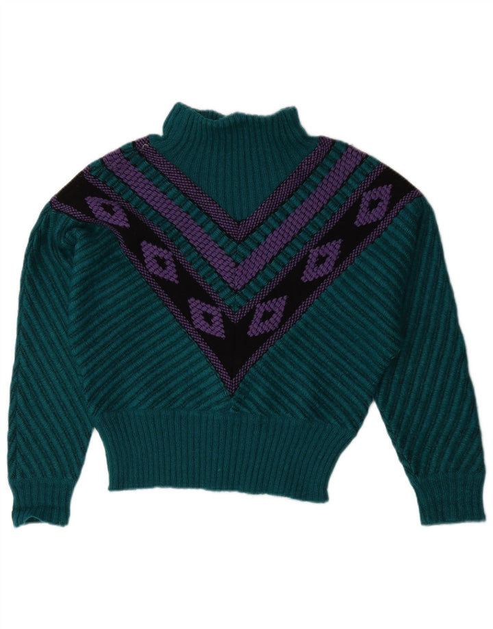 Vintage Dame Turtle Neck Jumper Sweater US 12 Stor Grøn Geometrisk