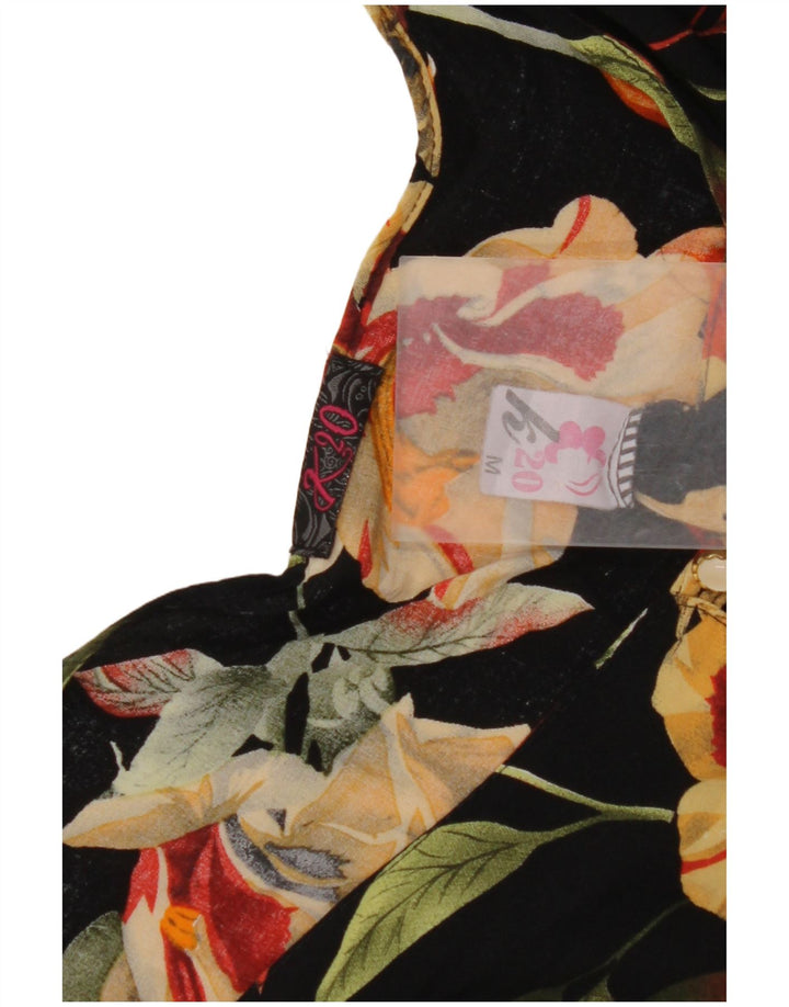 VINTAGE Womens Crop Shirt Bluse UK 12 Medium Black Floral Viscose
