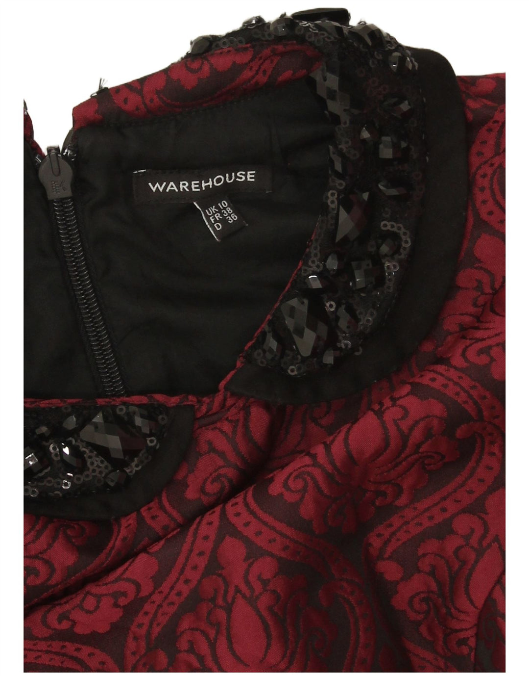 Warehouse Womens Sheath Dress UK 10 Small Burgundy Paisley Polyester