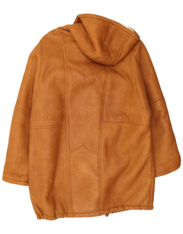 Vintage Dame Oversized Hætte Shearling jakke EU 40 Medium Beige Læder
