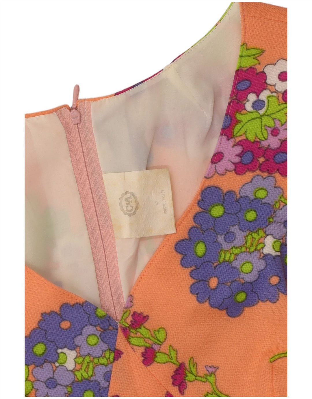 C & A Dame Ærmeløs A-Line Kjole EU 42 Large Orange Floral Polyester