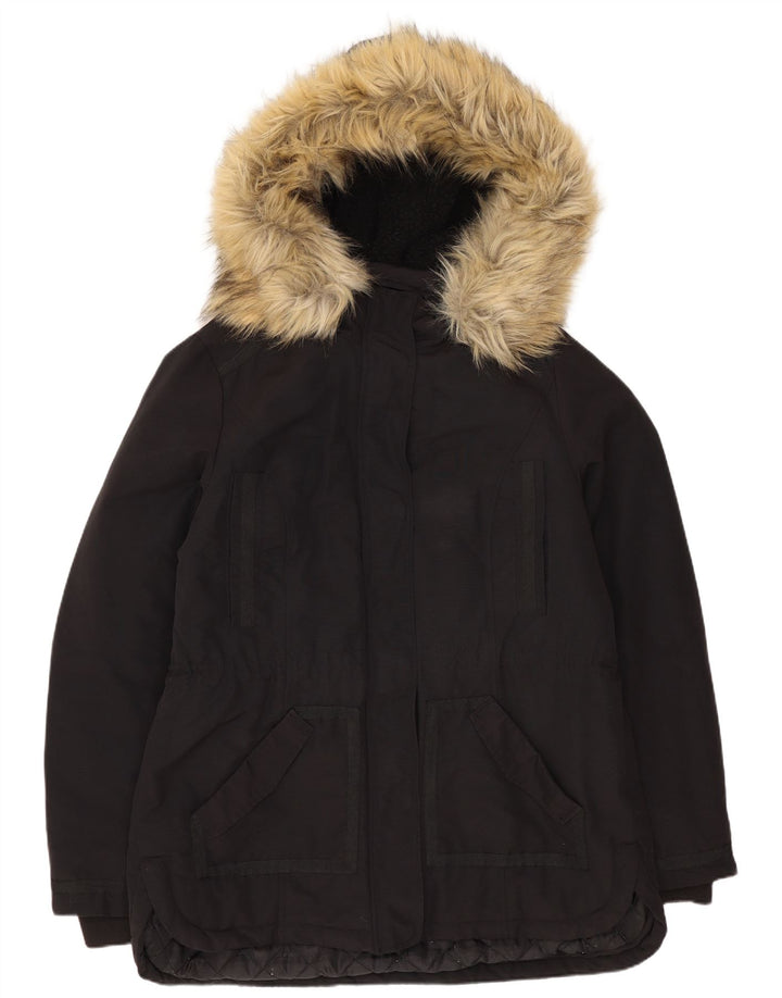 Monsoon Dame Hooded Parka Jacket UK 14 Stor Sort Bomuld